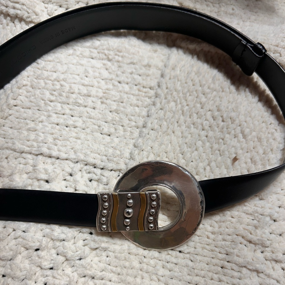 Chico’s Black Leather Belt Split Style 1762 Silver & Gold Buckle Sz Medium Large